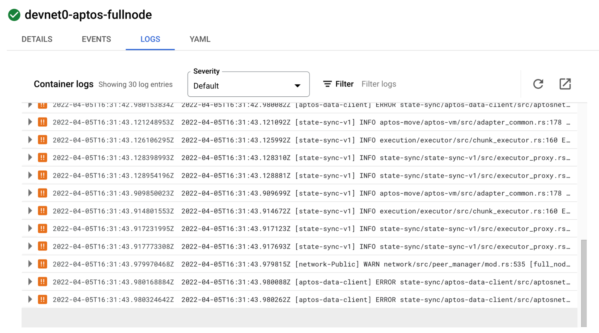 GKE Workloads Pod Logs screenshot